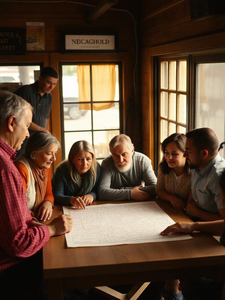 Grupo de comerciantes reunidos alrededor de un mapa del barrio.