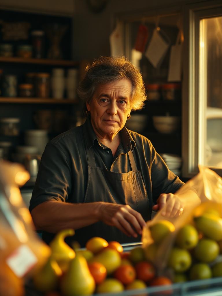 Comerciante detrás del mostrador de su tienda de barrio.