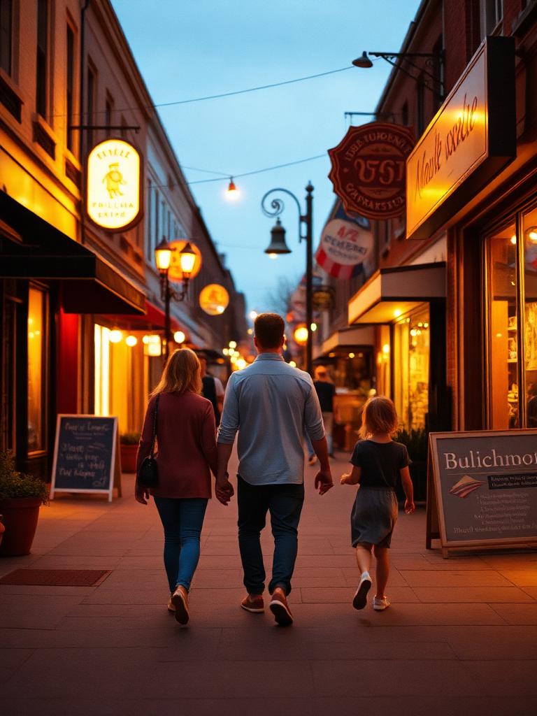 Familia paseando por una calle comercial al atardecer.
